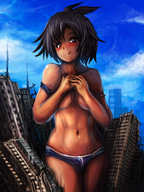 giantess crush blushing city black_hair swimsuit rampage yilx