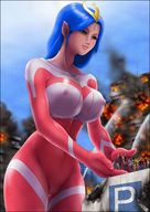 breasts drawing gentle giantess nude destruction handheld green_eyes blue_hair hand fire shrunken_people body_paint rescue claw_marks
