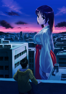 drawing giantess city color clothed buildings anime shrunken_men sunset rooftop shrine_maiden