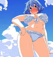 swimsuit blue_eyes cleavage anime blue_hair low_angle looking_down clouds sky point_of_view looking_at_viewer