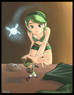 drawing color cleavage green_eyes fairy green_hair saria shrunken_men looming reaching grabbing running_away minish_cap looking_at_tiny the_legend_of_zelda ezlo link_(the_legend_of_zelda)