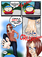 drawing giantess crush color blue_eyes barefoot soles red_hair underneath pinned under_foot point_of_view raised_foot richy17