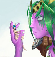 breasts drawing vore color mouth handheld shrunken_woman world_of_warcraft night_elf ysera donutwish looking_at_tiny