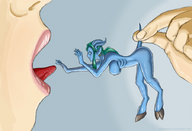 drawing giantess vore tail color tongue mouth handheld shrunken_woman hooves dangle between_fingers draenei