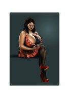 drawing size_difference color clothed handheld high_heels huge_breasts shrunken_men amazon nylons biggals between_breasts