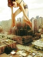 giantess collage city buildings red_hair bending_over skyscrapers sky m31 looking_at_viewer