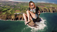 giantess collage landscape clothed barefoot ocean sitting sunglasses m31 source_needed seaside downward_angle