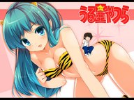 giantess swimsuit blue_eyes cleavage anime blue_hair lum urusei_yatsura sitting crawling looking_at_viewer shrunken_character