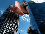giantess collage barefoot soles blood low_angle running shrunken_people looking_down skyscraper foot_pov point_of_view raised_foot imminent_crush looking_at_tiny