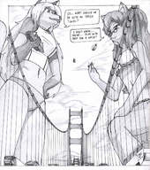 bikini drawing giantess furry anthro monochrome long_hair swimsuit bridge handheld helicopter glasses low_angle blimp bus giantesses boats vehicles thighs between_fingers fox_girl necklace ships vehicle_crush hank88 dialogue hanna hand_on_hips dog_girl bare_legs hand_on_leg bare_midriff ali