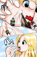 breasts drawing giantess vore blonde comic color destruction blue_eyes cleavage military point_of_view stomach_view digestive_juices first_person_shooter