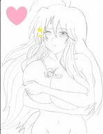 drawing giantess small_man monochrome between_breasts