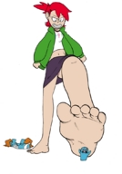 breasts drawing giantess barefoot skirt red_hair ponytail bloo frankie_foster shrunken_man cruel under_foot jacket imminent_crush no_background tinysensei fosters_home_for_imaginary_friends bare_midriff cartoon_network