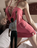 collage clothed cleavage reaching shrunken_man bedroom