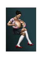 breasts drawing gentle giantess small_man color skirt high_heels huge_breasts breast_crush brunette socks legs amazon breast_play legs_crossed biggals