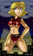 drawing growth giantess city mega blonde large_breasts blue_eyes underboob night clover spot_lights catsuit totally_spies belt ripped_clothing jumpsuit xjkenny bare_legs bare_midriff