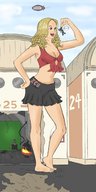 breasts drawing giantess mega blonde color destruction handheld barefoot cleavage skirt cheerleader shrunken_men fire dangle movie_set between_fingers hands_on_hips attack_of_the_fifty_foot_cheerleader possible_vore pinched looking_at_tiny bare_midriff