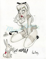drawing growth giantess blushing long_hair cleavage skirt huge_breasts breast_expansion embarrassed sitting legs nylons fanart alice_in_wonderland hair_bow white_rabbit mario_chavez
