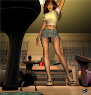 giantess nude panties upskirt long_hair small_men skirt green_eyes low_angle red_hair sandals surprised legs size_comparison indoors naked_male source_needed mc digital_render