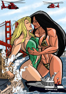 breasts drawing giantess mega blonde black_hair color destruction buildings helicopter tara muscles lesbians giantesses boats red_nails garganta golden_gate_bridge leotard femforce tara_fremont