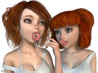vore tongue mouth multiple_giantesses cleavage saliva green_eyes red_hair shrunken_men licking_lips digital_render