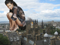 giantess collage destruction high_heels squatting legs village clouds sky looking_at_viewer evangeline_lilly accasbel