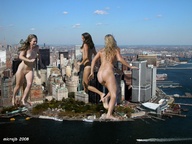 breasts giantess collage nude city mega blonde black_hair destruction barefoot water brunette running skyscraper giantesses dark_skin new_york_city microjb harbor