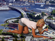 giantess collage city mega blonde high_heels crawling legs streets boats vehicles between_fingers jenni_czech waterway accasbel looking_at_tiny holding_vehicle