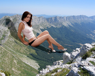 giantess collage landscape high_heels brunette legs mountains looking_at_viewer accasbel rachel_bilsong