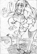 drawing giga manga city monochrome destruction huge_breasts shoes under_foot thigh_highs foreign_text line_drawing toka