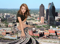 giantess collage city destruction clothed brunette wonderslug sitting hand reaching looking_down skyscraper highway vehicles damage dallas