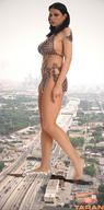 bikini giantess collage city destruction barefoot brunette walking tattoo looking_at_viewer taran frowning hannah_kong