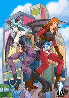 city comic large_breasts clothed buildings low_angle boots morrigan_aensland shrunken_people giantesses streets giantessfan felicia_(darkstalkers)