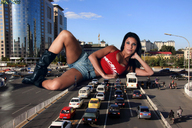 breasts giantess collage city mega black_hair traffic buildings lying_down boots shorts streets vehicles beregous looking_at_viewer lizzi