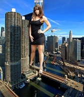 breasts giantess collage city mega clothed water high_heels helicopter dress skyscraper sky crlvr looking_at_viewer chicago hands_on_hips jaime_koeppe