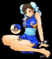 drawing gentle giantess feet color toes barefoot anime brunette smiling legs between_legs shrunken_man looking_down open_mouth thighs chun-li ankles blue_top blue_skirt no_background migs308