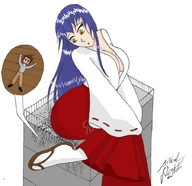 drawing giantess color clothed buildings love shrunken_men sitting damage shrine_maiden tabi_socks