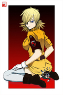 drawing blonde color blue_eyes clothed butt_crush anime domination boots shrunken_men sitting kneeling fanart entrapment cruel underneath hellsing pinned japanese_text thighhighs looking_at_viewer seras_victoria layerx3