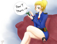drawing blonde color clothed butt_crush domination shrunken_men sitting legs entrapment underneath pinned sofa money counting