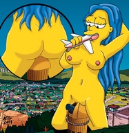 breasts drawing giantess nude city mega color butt buildings blue_hair building_sex marge_simpson simpsons airplane marge the_simpsons milf cutaway yellow_skin springfield