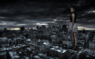giantess collage city clothed buildings dark skyscraper clouds emma_watson looking_at_viewer docop thunder_clouds