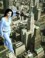 giantess collage city helicopter skyscrapers looking_at_viewer between_buildings eva_longoria downward_angle sweats accasbel evening_lighting