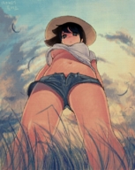 drawing color low_angle underboob grass sky point_of_view looking_at_viewer short_jeans straw_hat