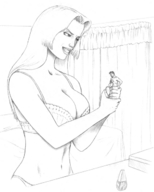 breasts drawing monochrome handheld cleavage shrunken_men looking_at_tiny