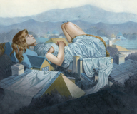 drawing giantess blonde color clothed lying_down village mountains houses birds