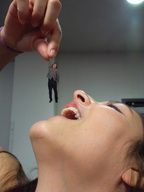 collage vore teeth handheld shrunken_men hand face dangle between_fingers over_mouth looking_at_tiny