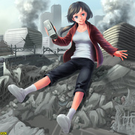 drawing giantess city color destruction clothed handheld omc socks sitting sneakers smoke clothing looking_at_viewer