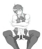 drawing small_man size_difference male domination muscles thigh_highs squeezing