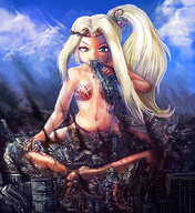 drawing giantess city blonde color swimsuit destruction yilx skyscrapers sky viridi