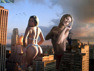 breasts giantess collage city mega blonde butt military jets skyscraper giantesses sky sunset beregous looking_at_viewer between_buildings aryane_steinkopf barbara